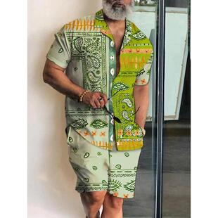 2023 Lapel Casual Shir Patchwork Sleeve Print Sets Men Short