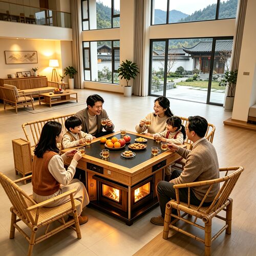沃贝斯四面观火柴火壁炉麻将牌桌取暖炉烤火炉家用围炉冬天取暖桌