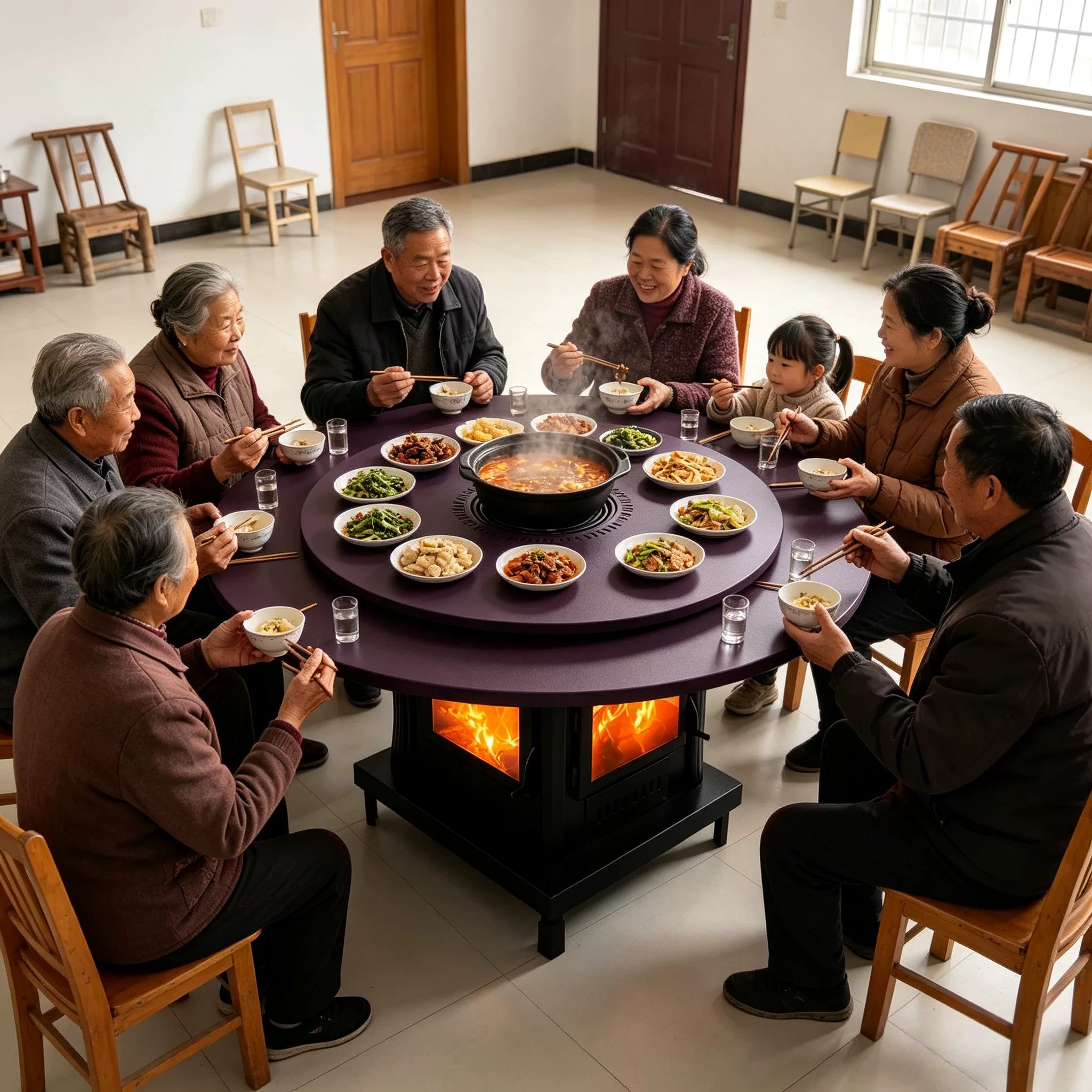 沃贝斯四面观火可旋转圆形餐桌式柴火取暖炉餐厅室内取暖烤火桌