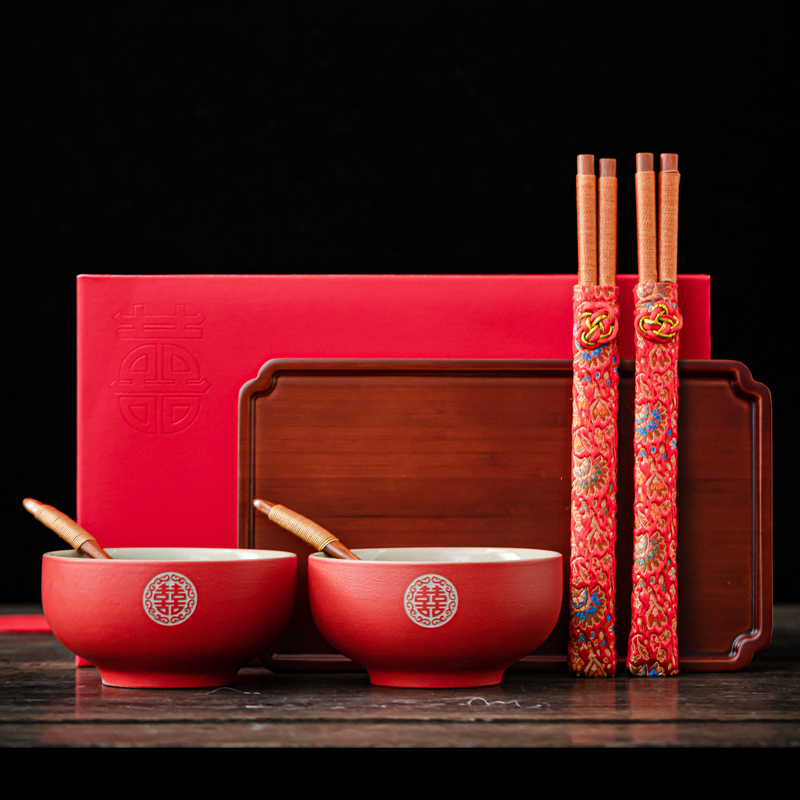 速发结婚碗筷套装方陪嫁用家大全喜碗对筷婚妻红碗娘品嫁妆夫庆子