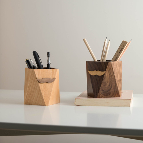 速发角落芳华胡子木质笔筒创意时尚可爱学生办公室桌面复古实木收