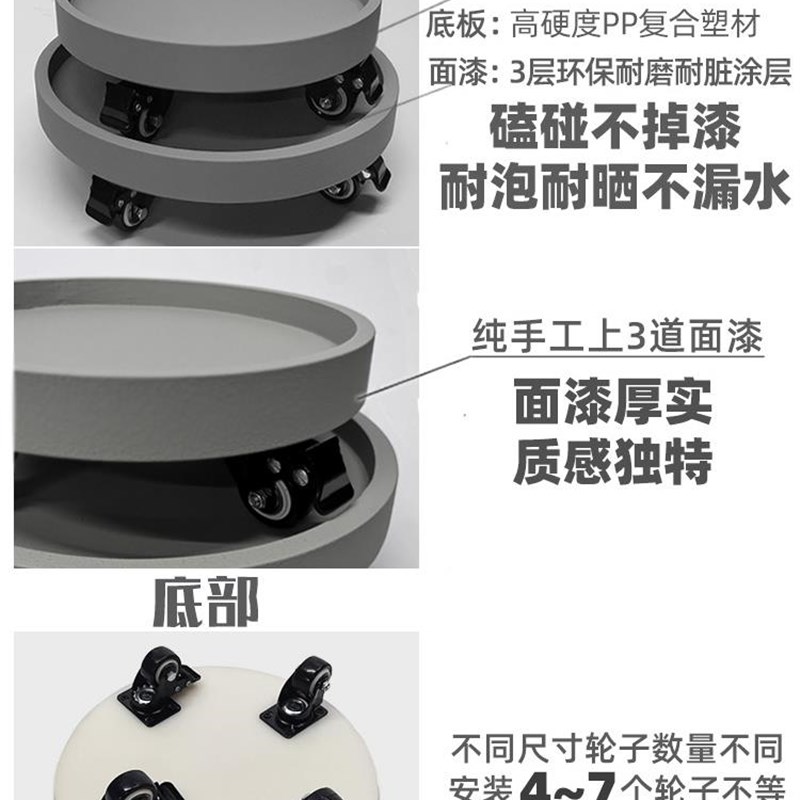 现货速发花盆叶?仿带水泥色带PP橡胶托轮托盘圆形接花排水移动底