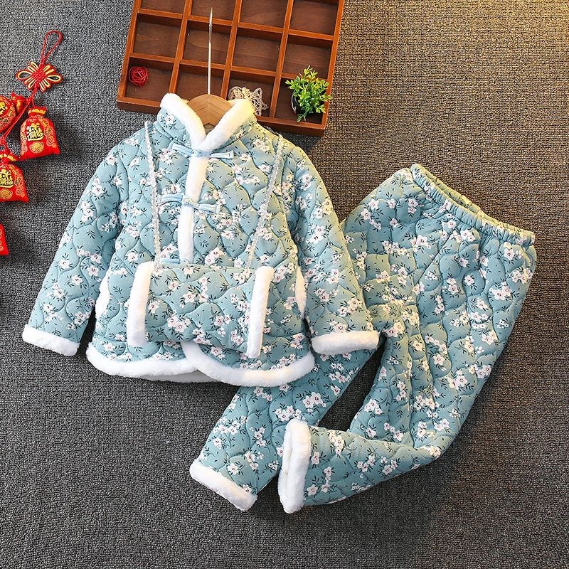 速发冬季小童花棉袄棉裤东北大袄花套装冬天加厚衣服碎花棉服拜年
