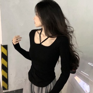 速发挂脖长装袖t恤打底衫低领紧身内搭2024早春感款小衫设计新上