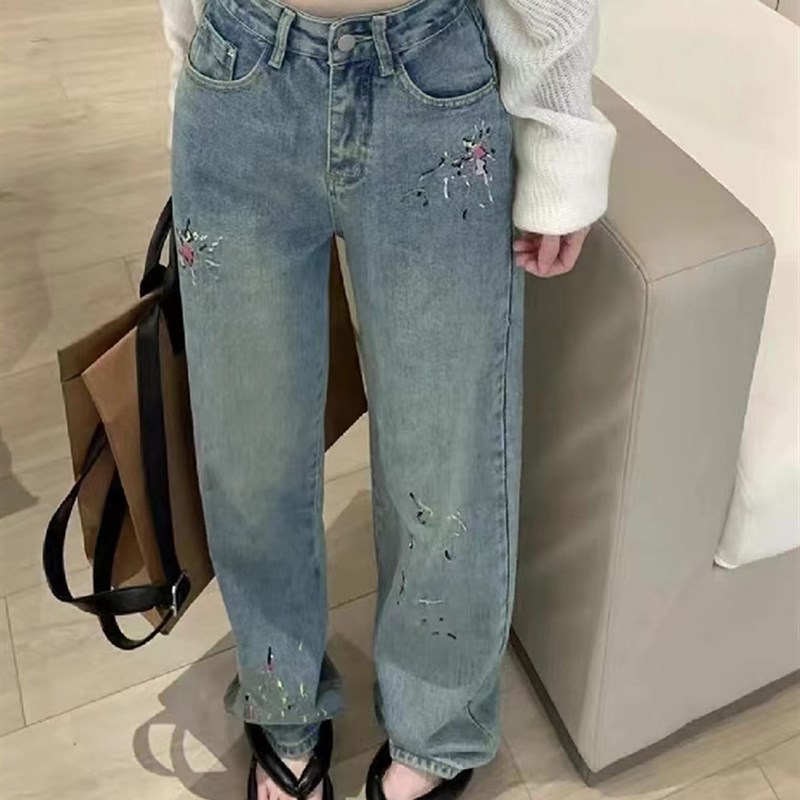 速发高腰刺筒直绣腿仔裤春季新款大码胖妹妹覆古宽松遮胯阔牛裤