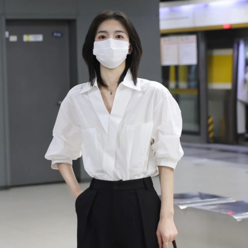 速发白色职款轻奢高级感休闲通勤V领上通夏业衣勤面试衬衣