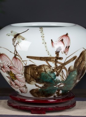 速发景德镇陶书器 仿古手绘荷香笔洗摆件 客厅瓷房古博架装饰工艺