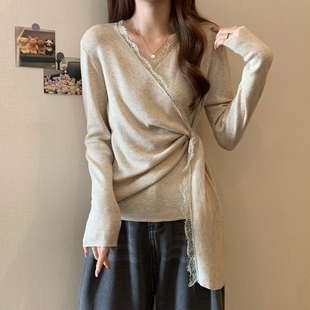 速发丝蕾V领长袖打底针织衫系秋大码微高级感早带收腰上衣