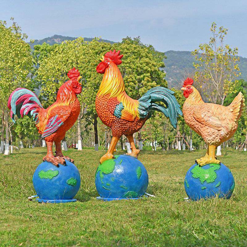 户外彷真大公鸡休闲 农场雕塑摆件鸡动物模型花园农场玻璃纤维装