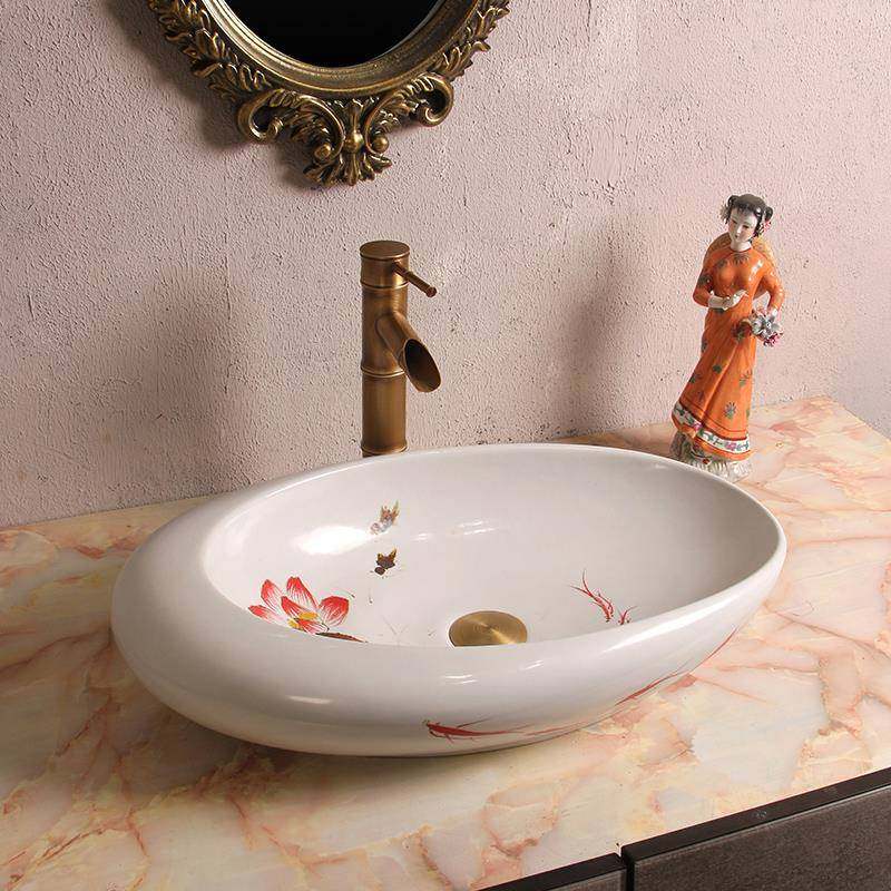 新中式方形手绘荷花鱼洗手盆元宝仿古洗脸盆家用白复古阳台台上盆