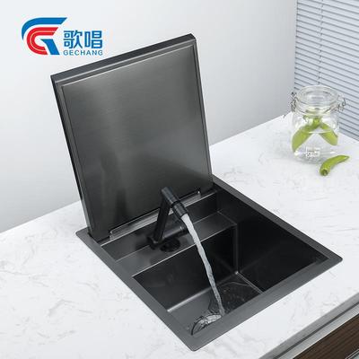 歌唱隐形水槽纳米黑色中岛台小水池阻尼缓降带盖板不锈钢吧台单槽