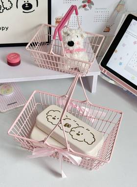 ins少女心桌面收纳篮迷你购物篮可爱粉色蝴蝶结铁艺摆件装饰道具