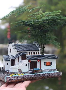 建筑模型摆件树脂微景观造景中式庭院盆景客厅花盆办公室创意房子