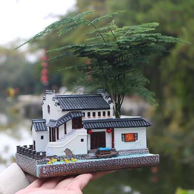 建筑模型摆件树脂微景观造景中式庭院盆景客厅花盆办公室创意房子