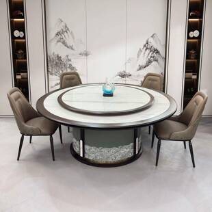 酒店电动大圆桌新中式岩板餐桌木质饭厅饭店家用电磁炉火锅桌商用