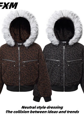 88FXM 美式街潮高级感中性豹纹夹棉座山雕棉服男女短宽型连帽外套