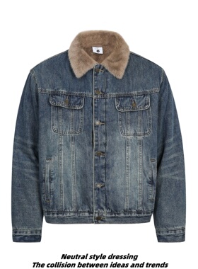 88FXM 美式复古冬季高级水洗蓝牛仔外套男女街头短宽版加厚夹克潮