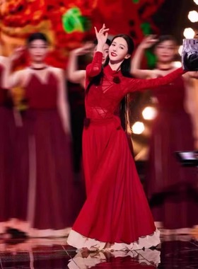 金晨卜挂同款古典舞蹈服女年会民族舞红色大摆裙新款演出服女套装