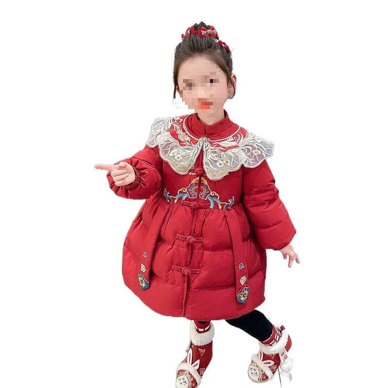 2025新款女童羽绒服冬季新款洋气休闲中长款防风简约年服红色冬装