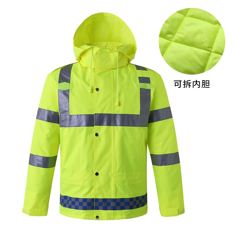 反光雨衣新式交通巡逻警示服摩托车棉衣J荧光黄骑行羽绒服防水外