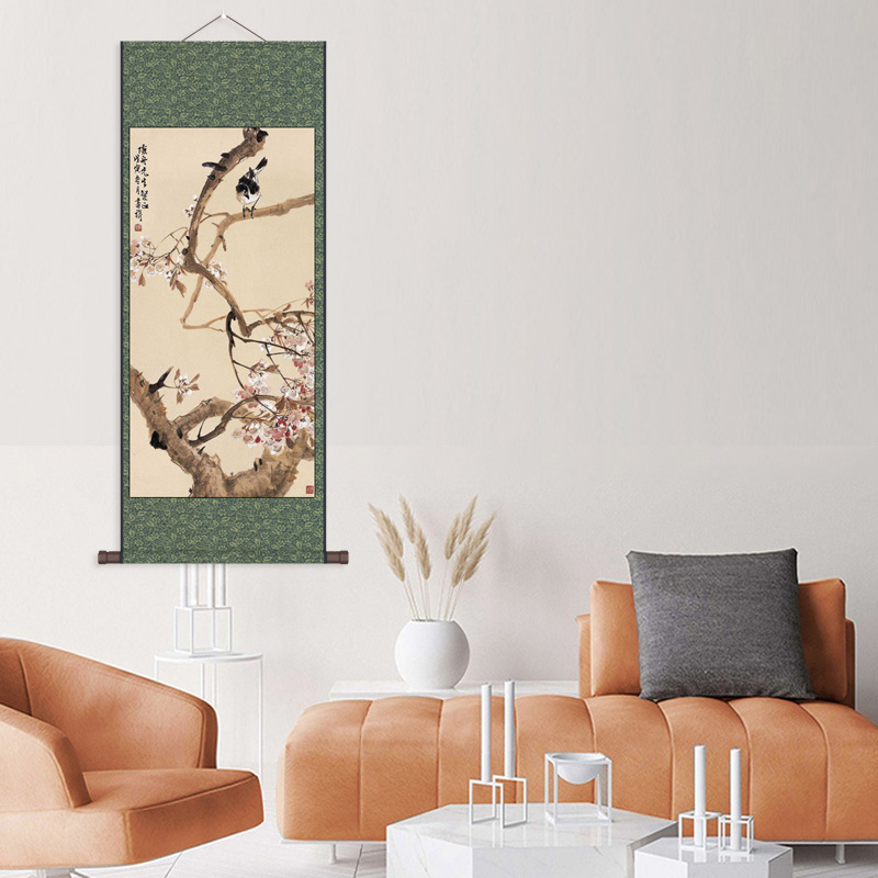 现货海棠花牡丹图丝绸画卷轴画九鱼图国画玄关装饰画绢画布艺挂画图片