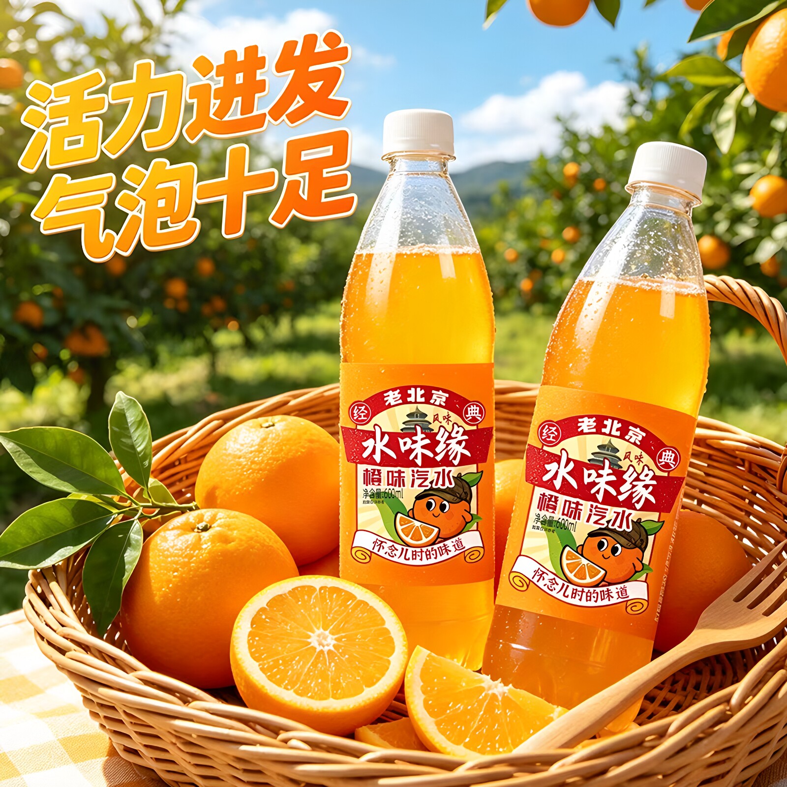 水味缘】老北京橙味汽水24瓶600ml无糖碳酸饮料解腻桔子汽水饮品