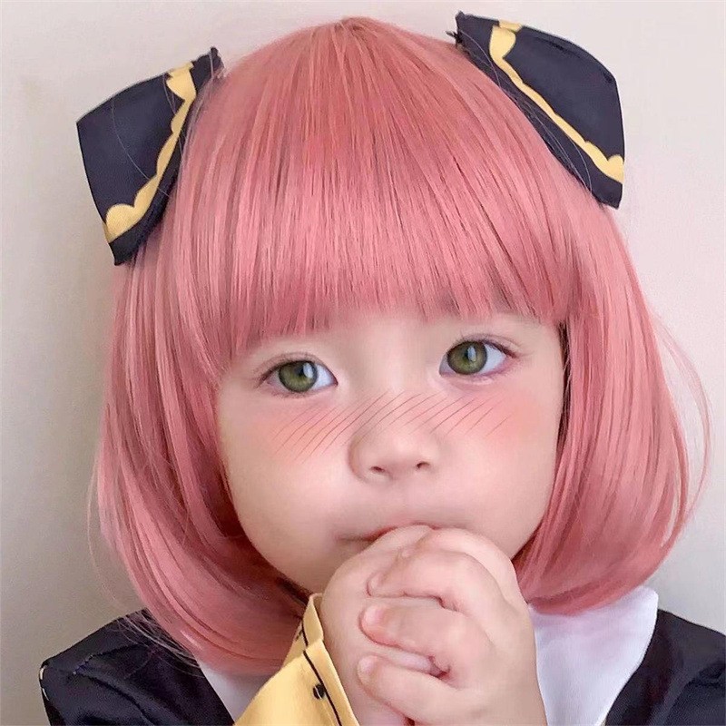 儿童节礼物小孩假发粉色短发湖蓝色角色扮演演出道具齐刘海