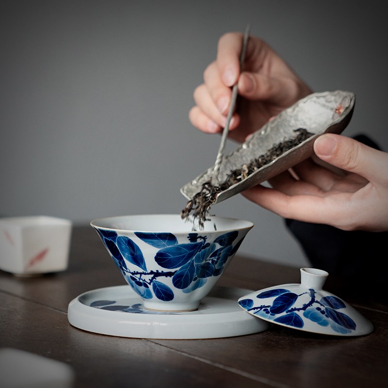 速发纯手瓷柿子复碗青三才盖碗茶杯家用单个陶绘泡茶古带盖子功夫