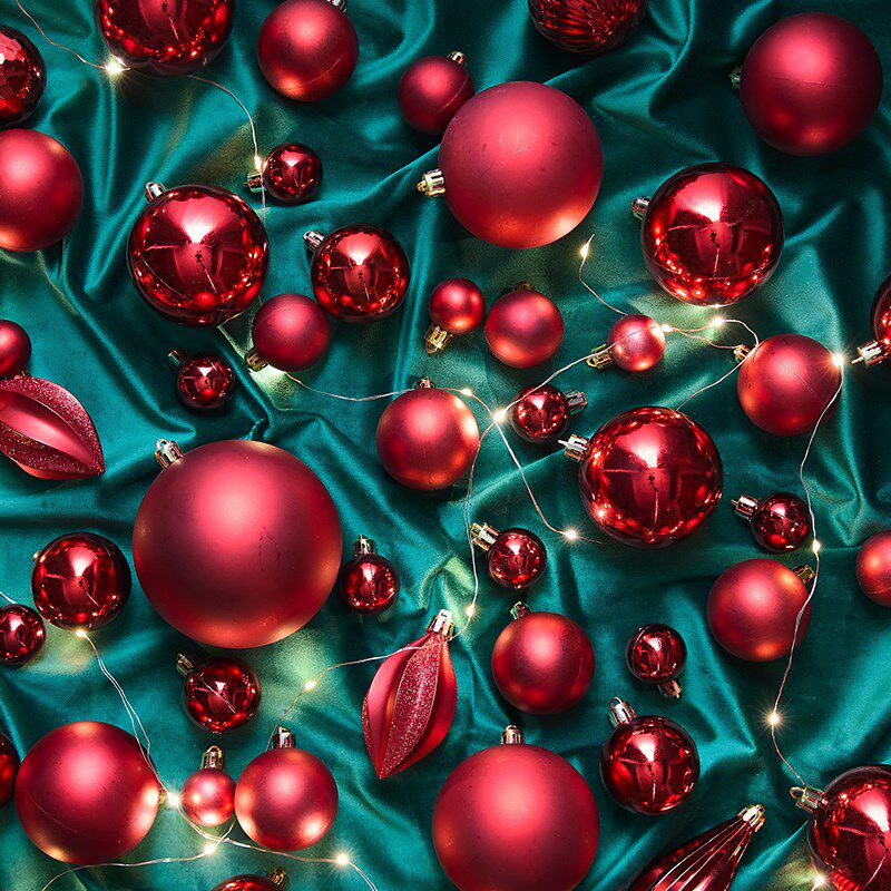 速发圣诞装饰场景布红球置色装饰品-15cm吊球圣铺树装饰店诞酒吧