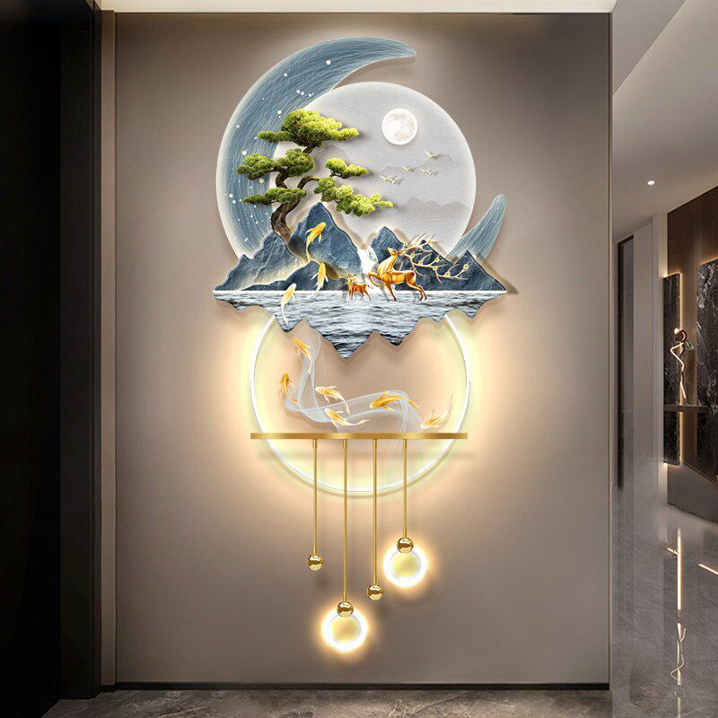 速发迎客松新中式玄关发光装饰画山水灯光挂画立体人体感应壁画灯