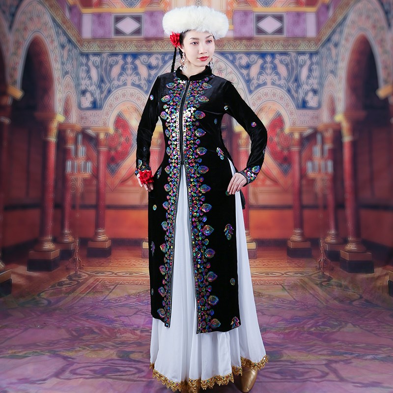 速发新款新疆舞演出丝金服绒秋冬款亮片长袷袢维吾尔保广场舞族暖