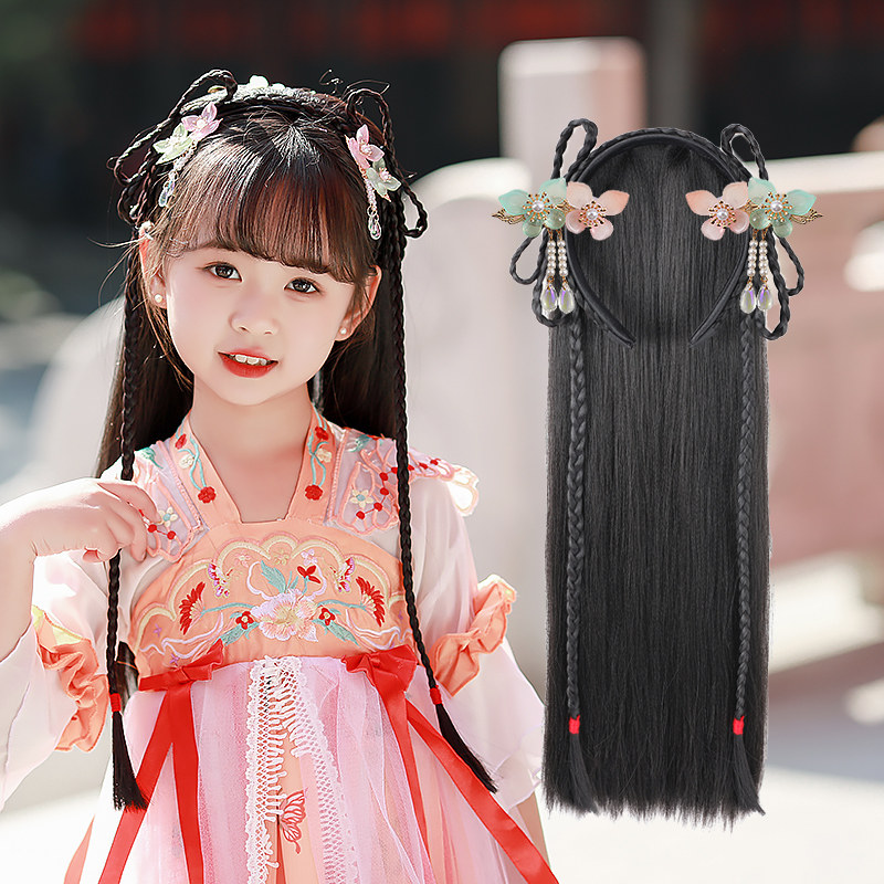 速发儿童汉服假发头饰童冬古装一体式发箍长直古装发片古风发饰新