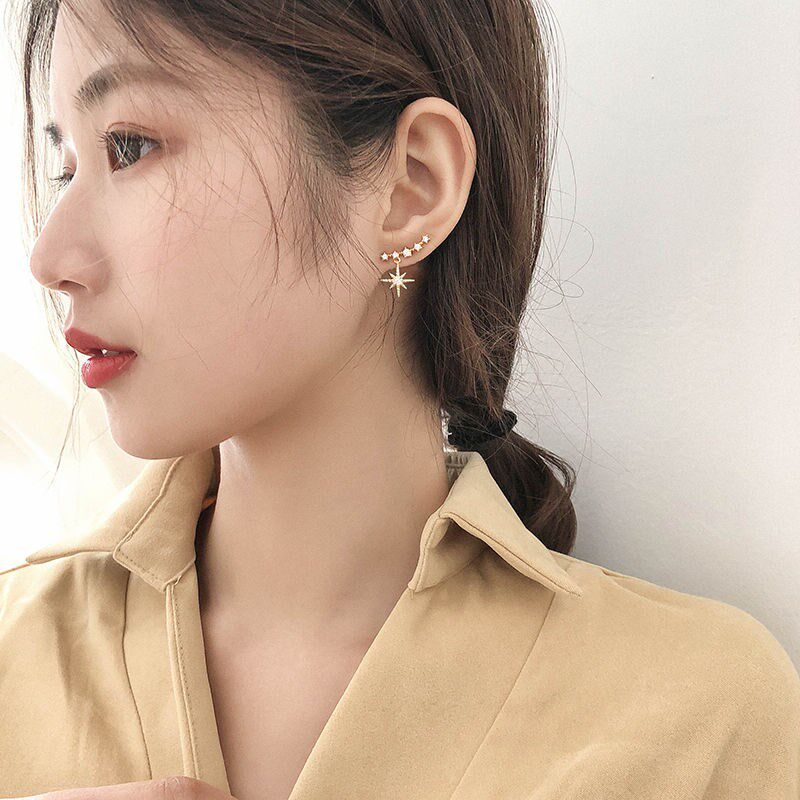 现货925针闪耀星q芒个百搭星星吊坠耳钉女致气微笑耳环
