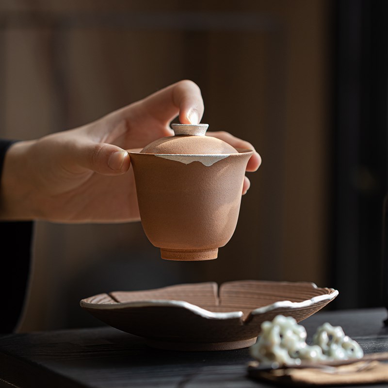 速发老岩泥手工盖碗大容量家用粗陶岩茶普洱茶复古功夫茶具泡茶碗