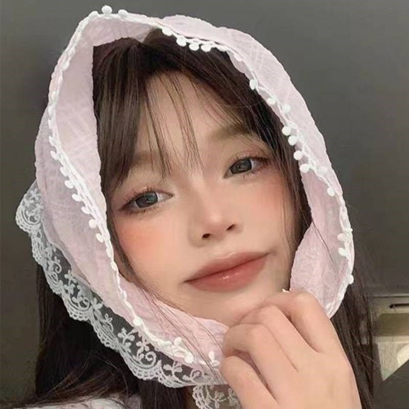 速发法式蕾丝三角巾夏季甜美可爱头巾度假拍照发带森系绑包百搭头