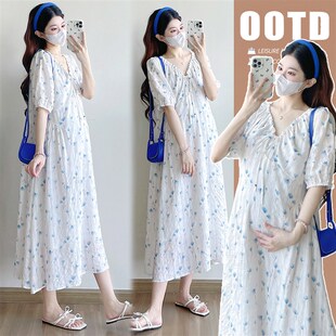 速发孕妇夏季连衣碎新款韩版高级感孕妇装裙花过款长膝裙子