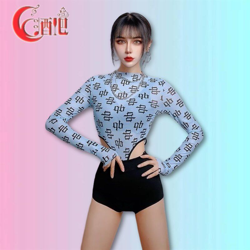 速发2022酒吧ds演出服韩舞团o服装dj夜店性感网纱印花长袖连体衣