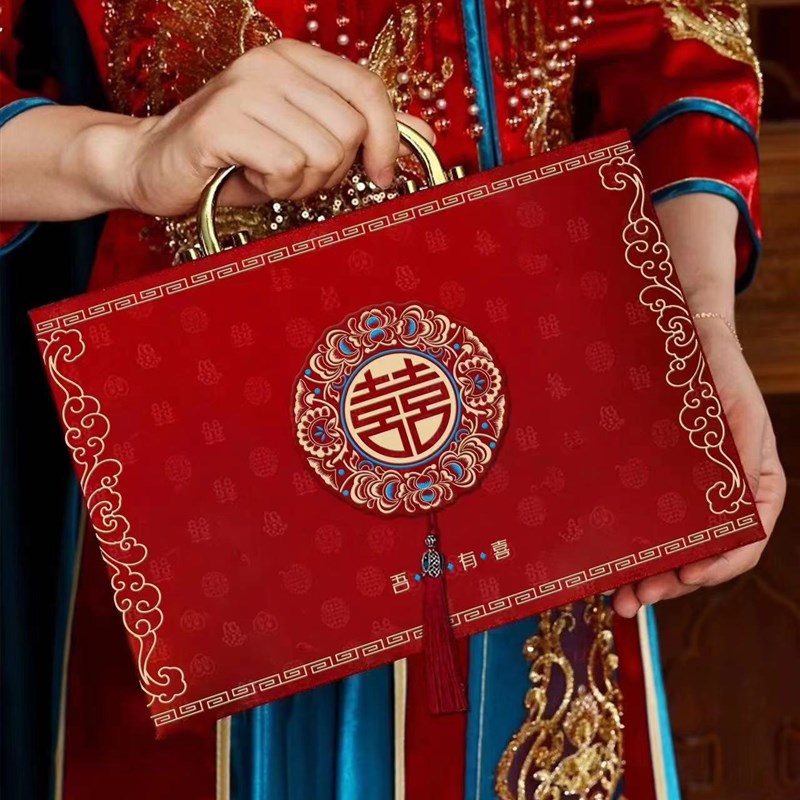 速发中式订婚礼金箱浮雕烫金彩礼箱喜庆婚礼装饰品订婚现金彩礼聘