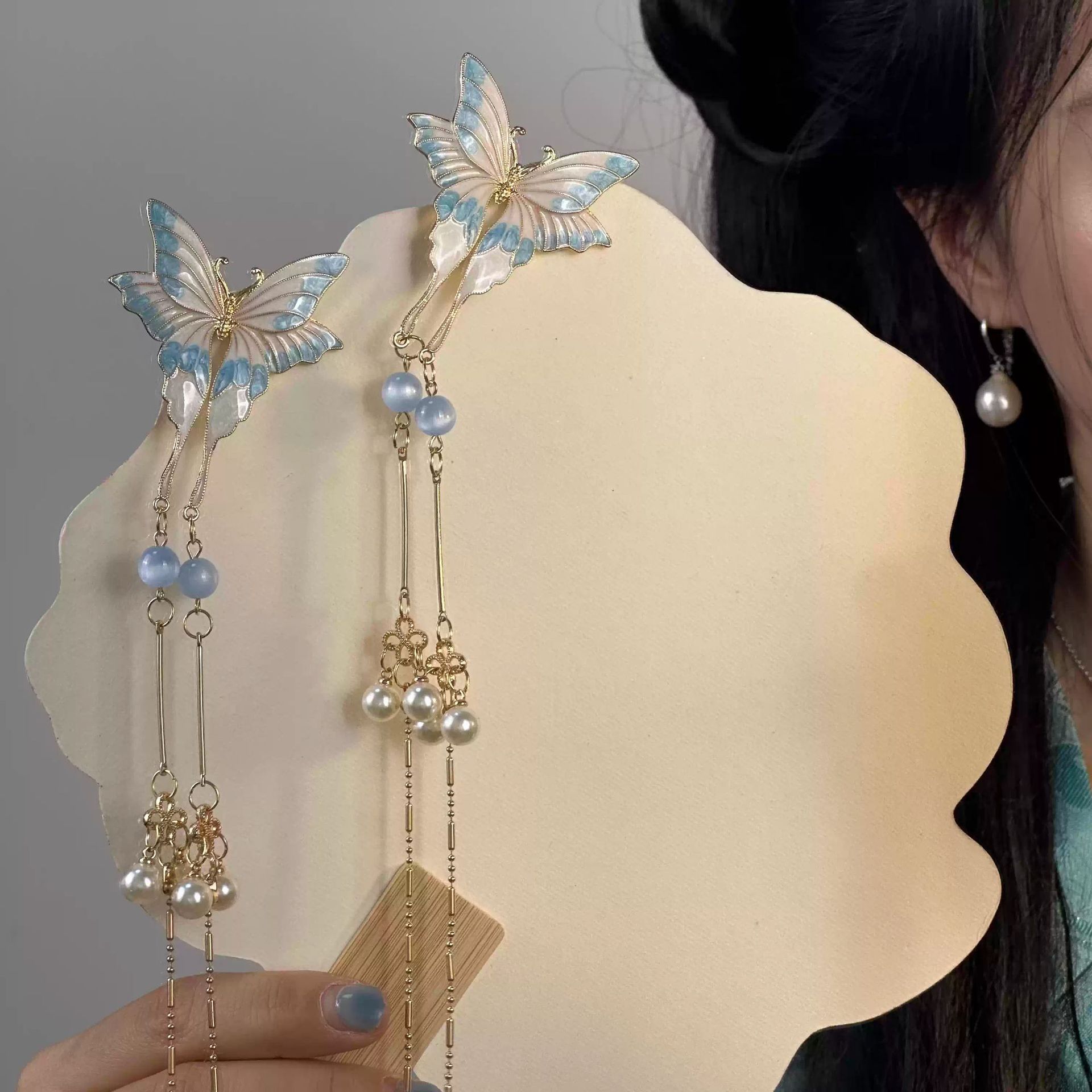 古风中式汉服刺绣蝴蝶后压发夹子长流苏步摇边夹仙气配饰头饰压襟