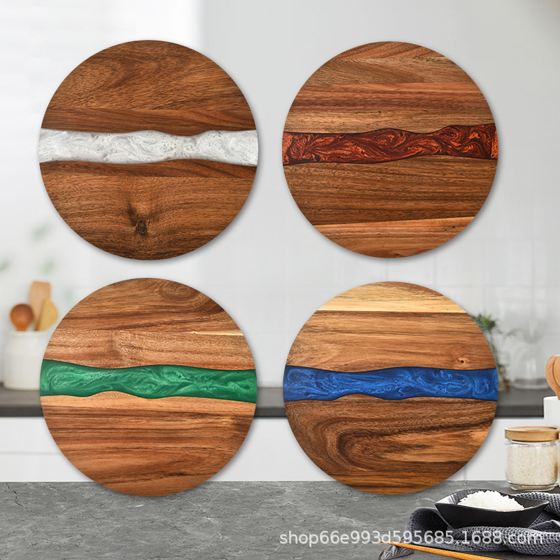 树脂砧板拼接圆形相思木菜板创意木质装饰摆盘25cm圆木片椭圆托盘