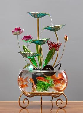 大号玻璃鱼缸创意荷花招财流水摆件循环风水轮入户玄关装饰开 业