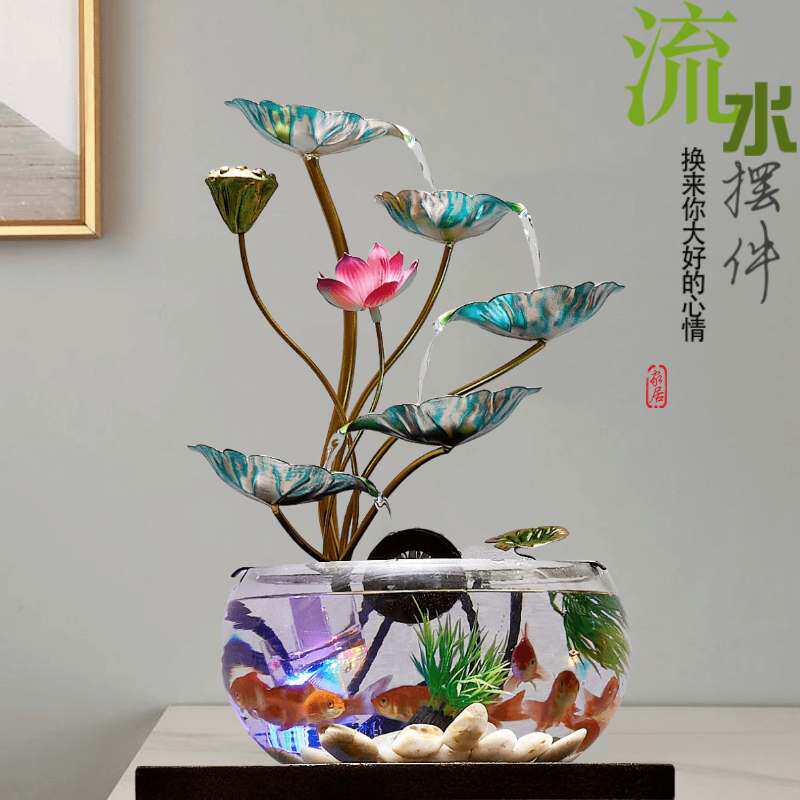 中式荷花招财摆件鱼缸流水客厅电视柜办公桌玄关开 业乔迁新居礼