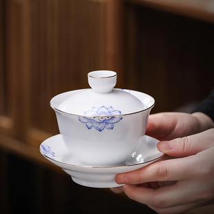 古岳青花瓷手绘荷花三才盖碗茶杯家用客厅单个带盖不烫手陶瓷茶具