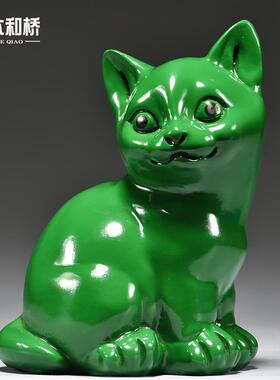 绿色实木质猫咪雕刻摆件动物木头小猫家居客厅房屋补角装饰工艺品