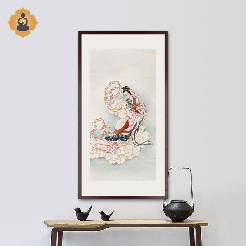 工笔人物国画桃花仙姑百花仙子天女散花玄关书房中式画框卷轴挂画