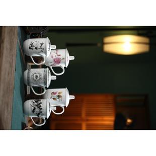 泡茶水杯子 景德镇陶瓷茶杯会议带盖带把手宾馆办公室家用10个套装