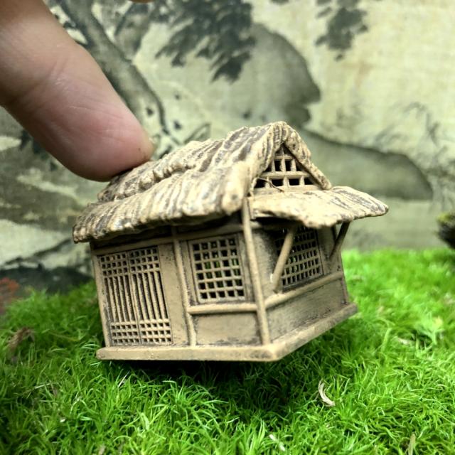 静观吾界 古代建筑模型 山涧草屋摆件微景观假山上的小摆件模型