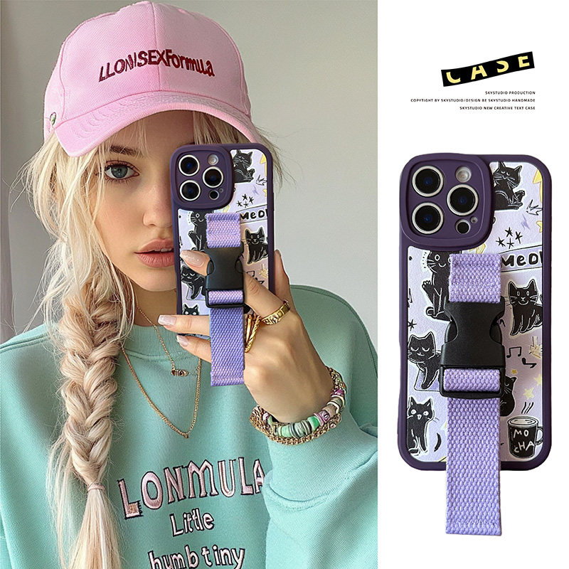 适用苹果16手机壳腕带支架iphone17promax卡通猫咪14全包防摔15PRO斜挎12小羊皮11多功能13便携Xr高级感女8P