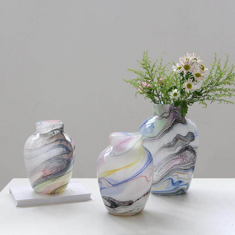 新中式琉璃粉色云雾纹理轻奢中古花瓶客厅插花仿真花软装桌面摆件