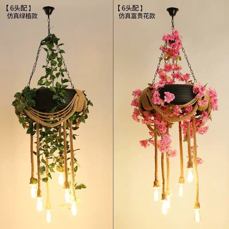工业风轮胎植物吊灯个性餐厅酒吧